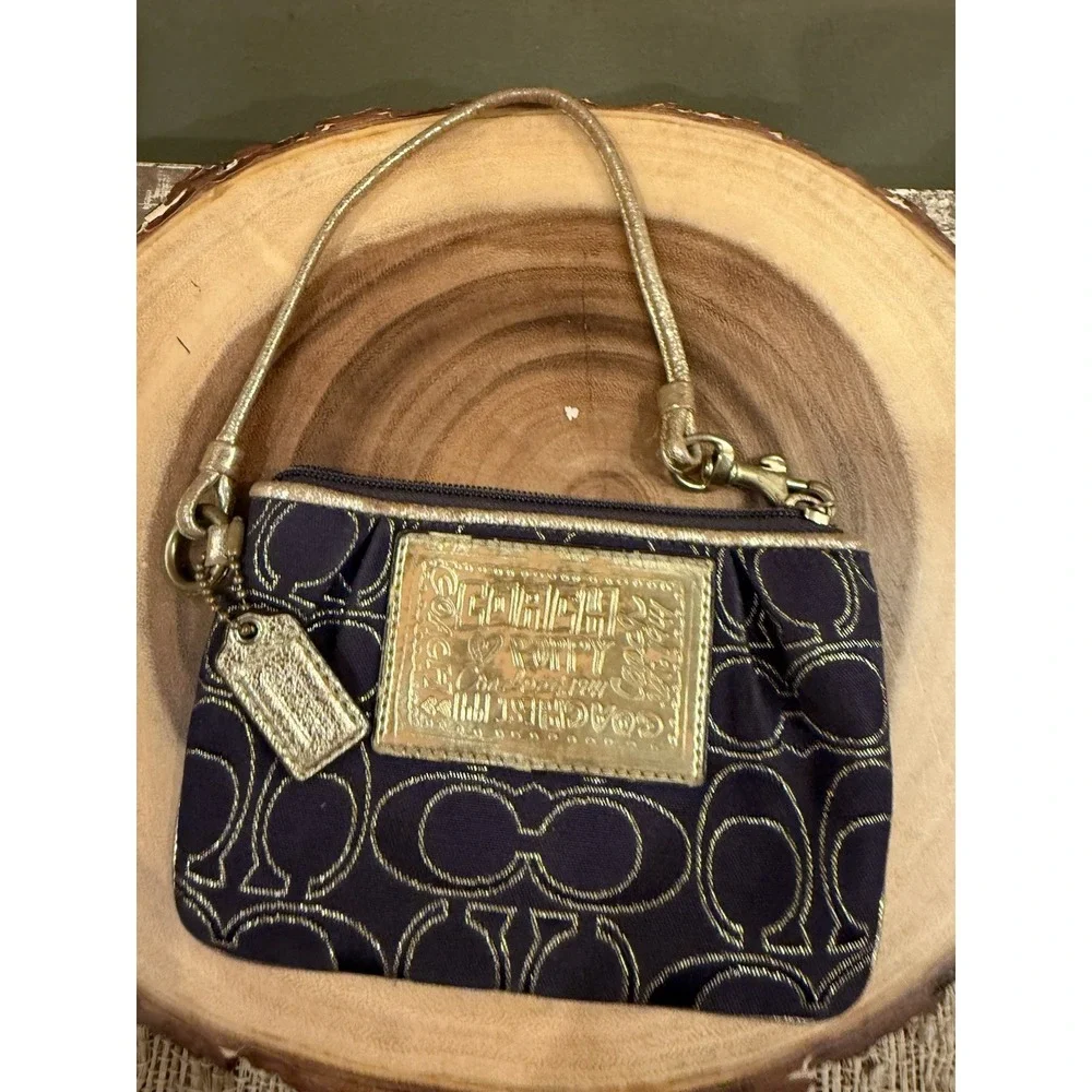 Coach Poppy Wristlet Small Wallet Pouch Purple Gold Leather Trim Canvas